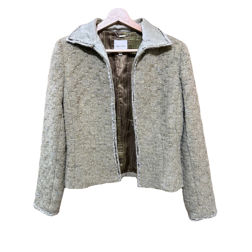 Walter Baker Womens Wool Blend Green Tweed Blazer Size‎ Fringe Open Size 10 EUC